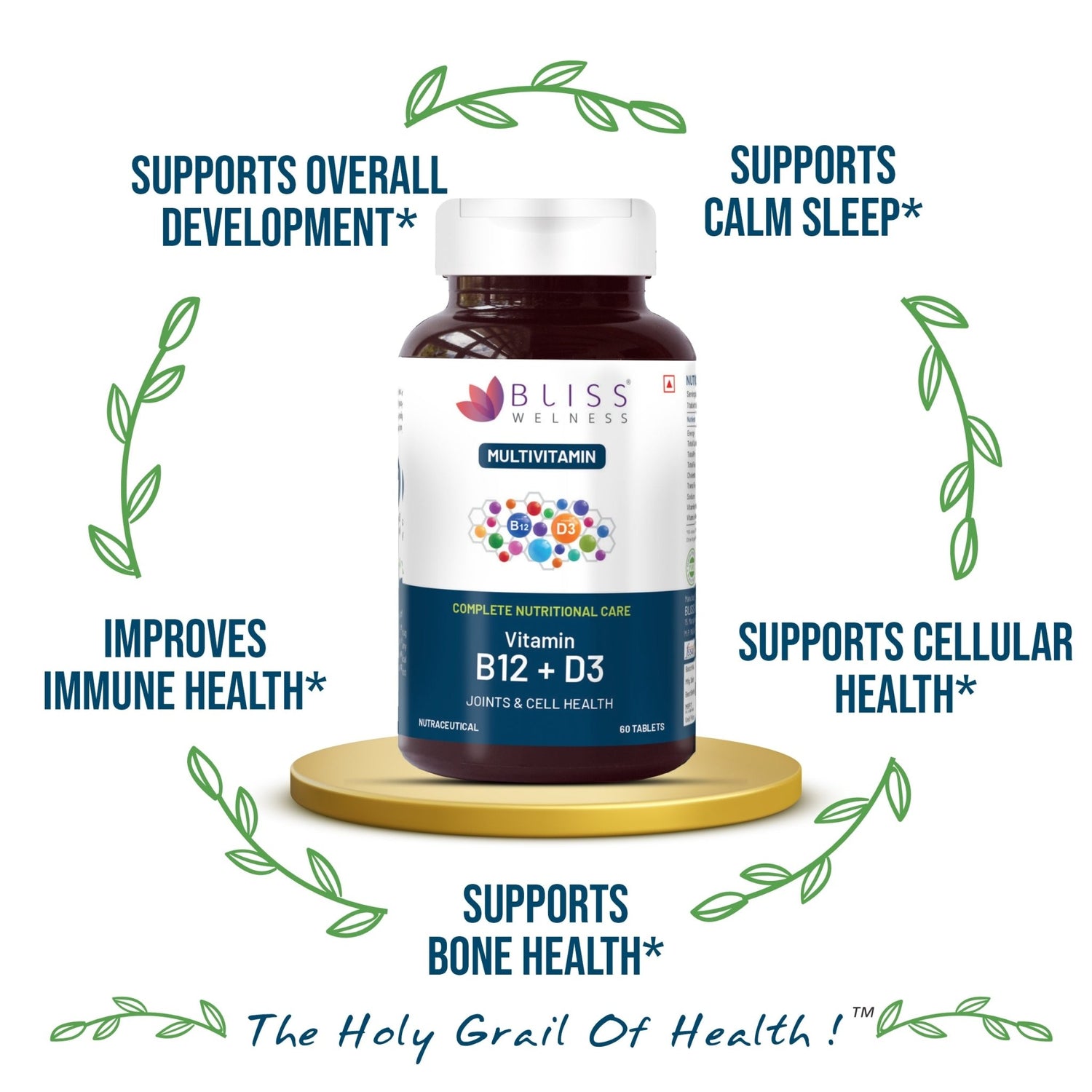 Bliss Welness VitaBliss Vitamin B12 and D3 | For Bone, Immune and Cognitive Health | Complete Nutritional Care Supplement - 60 Tablets - Bliss Welness