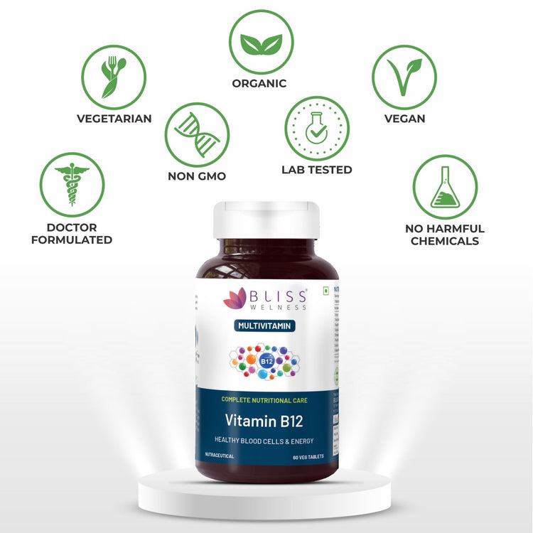 Bliss Welness VitaBliss Vitamin B12 Tablets | For Bone, Immune and Cognitive Health | Overall Health Care Supplement - 60 Tablets - Bliss Welness