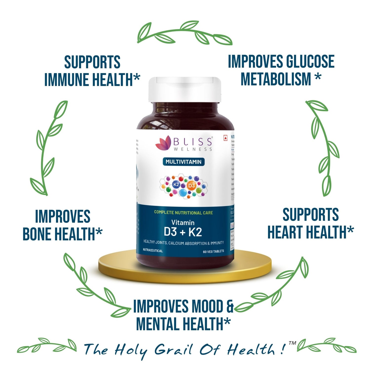 Bliss Welness Vitabliss Vitamin D3+K2 for Better Immune System, Bone, Teeth & Heart Health - 60 Tablets - Bliss Welness