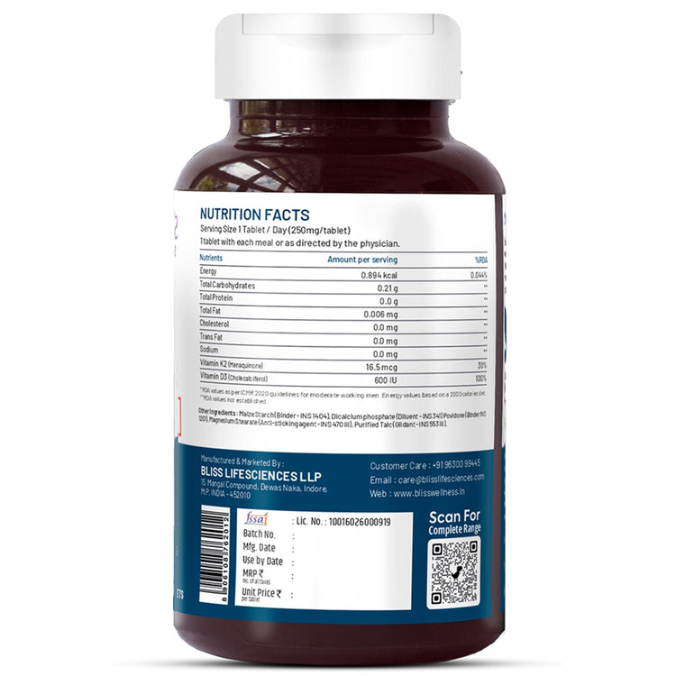 Bliss Welness Vitabliss Vitamin D3+K2 for Better Immune System, Bone, Teeth & Heart Health - 60 Tablets - Bliss Welness