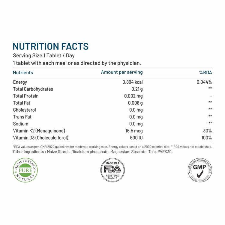 Bliss Welness Vitabliss Vitamin D3+K2 for Better Immune System, Bone, Teeth & Heart Health - 60 Tablets - Bliss Welness