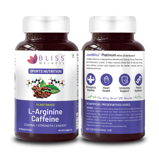 Bliss Welness Josh Bliss Platinum Stamina Recovery Muscle Growth | L-Arginine Nitric Oxide & Caffeine 1400mg | Energy Gain Performance Pre & Post Workout Health Supplement - 60 Vegetarian Tablets