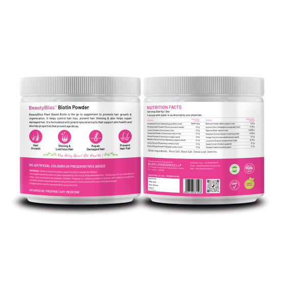Beautybliss Biotin Powder Sesbania Extract 10000 MCG | Pomegranate, Lemon, Tamarind, Beetroot | Antioxidant highly beneficial for hair fall, dull skin & brittle nails - 120gm Powder