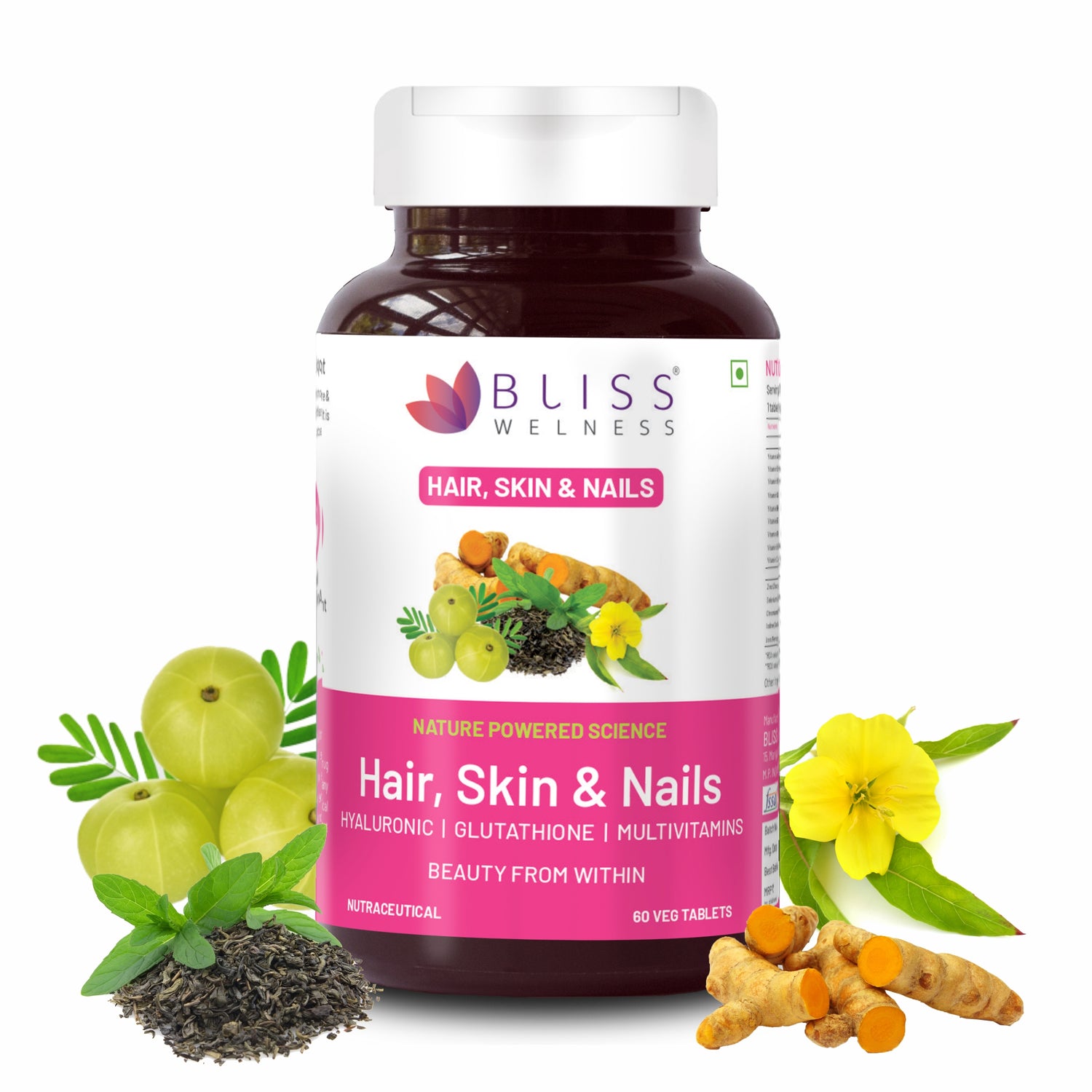 Bliss Welness Hair Skin & Nail Vitamins with Hyaluronic Acid + Glutathione + Biotin + Curcumin + Multivitamins | For Stronger Hair Growth, Healthier Nails & Supple Skin | Vegetarian Supplement – 60 Veg Tablets