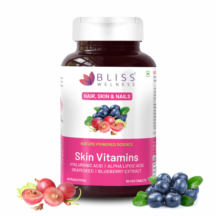 Bliss Welness Skin Vitamin| Hyaluronic Acid + Alpha Lipoic Acid + Grapeseed + BlueBerry Extract | For Glowing, Radiant, Hydrated & Supple Skin | Vegetarian Supplement – 60 Veg Tablets
