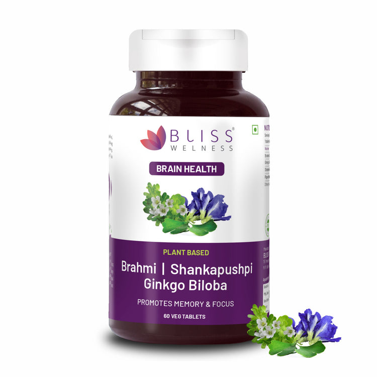 Bliss Welness Memory Focus Mood | Brahmi Shankpushpi Ginkgo Biloba & Piperine | Cognitive Development Alertness Anti Anxiety Supplement - 60 Vegetarian Tablets