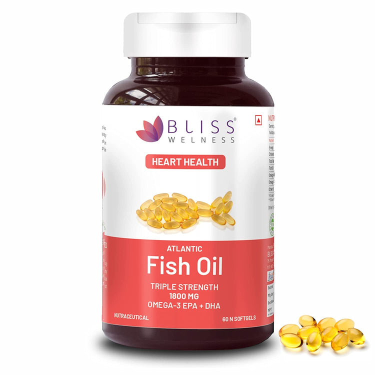 Bliss Welness Omega-3 Fish Oil Triple Strength 2500mg | 1100mg EPA 700mg DHA 200mg Other Omega 3 Fatty Acids | Cold Pressed Molecular Distilled | Brain Heart Skin Joints Eye Muscle Build Skin Health Supplement - 60 Softgel Capsules