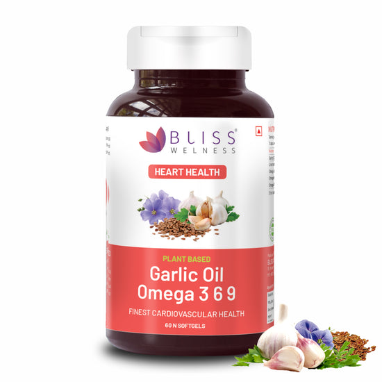 Bliss Welness CardioBliss Natural Cholesterol Management Immunity Boost | Garlic Oil + Omega 3 6 9 Oil | Heart & Weight Management Detox Antioxidant Supplement - 60 Softgel Capsules