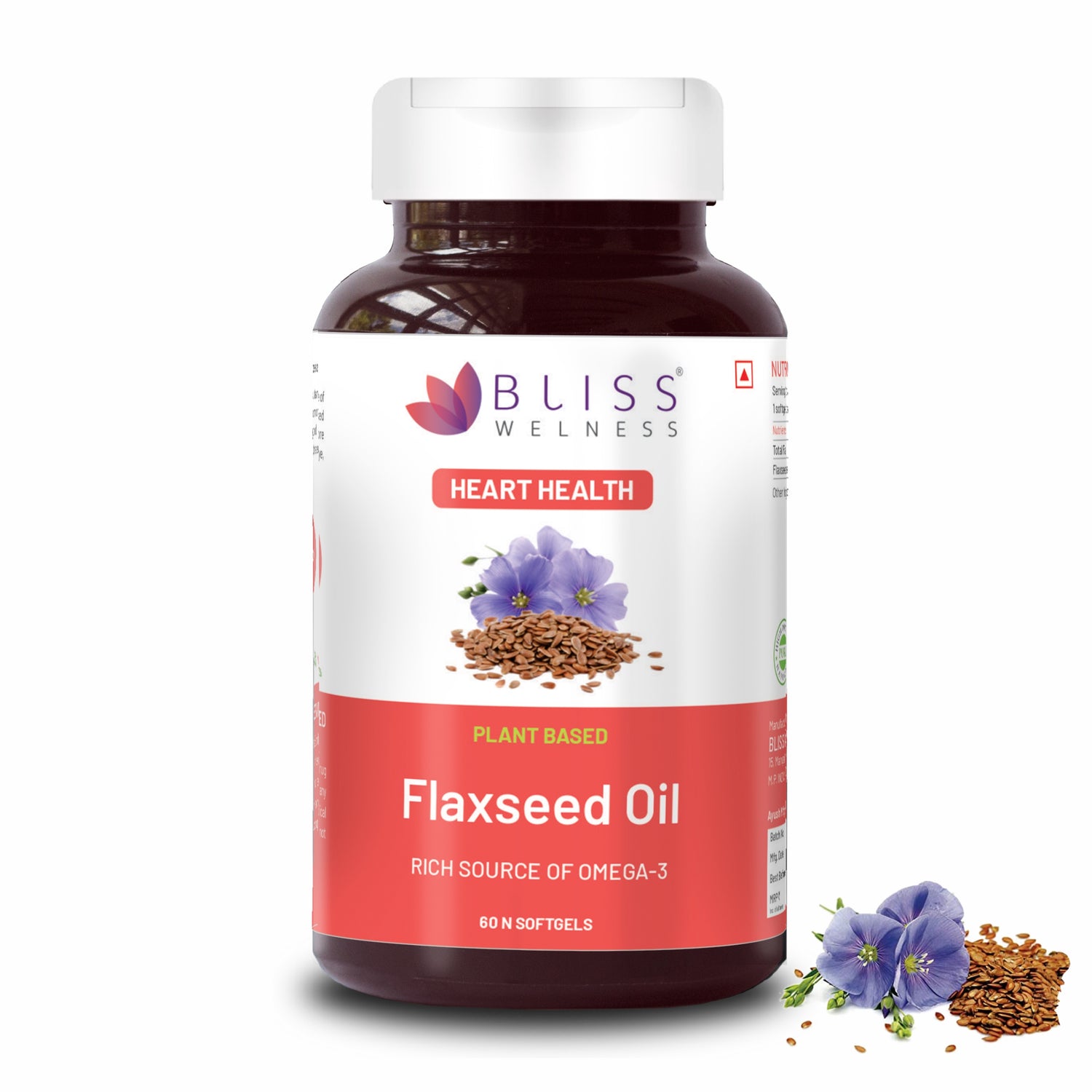 Bliss Welness Organic Flaxseed Oil 2000MG Omega 3 6 9 Cold Pressed Heart Brain Eye Skin Health Supplement - 60 Softgel Capsule( Pack of 1 )