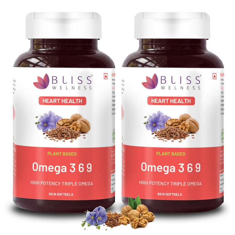 Bliss Welness Cardio Bliss Pure Omega 3 with Omega 6 & Omega 9 2000MG with ALA (Omega 3) 1000MG LA (Omega 6) 274MG OA (Omega 9) 400MG Heart Brain Eye Immunity Health Supplement - 60 Softgel Capsules (Pack of 2)