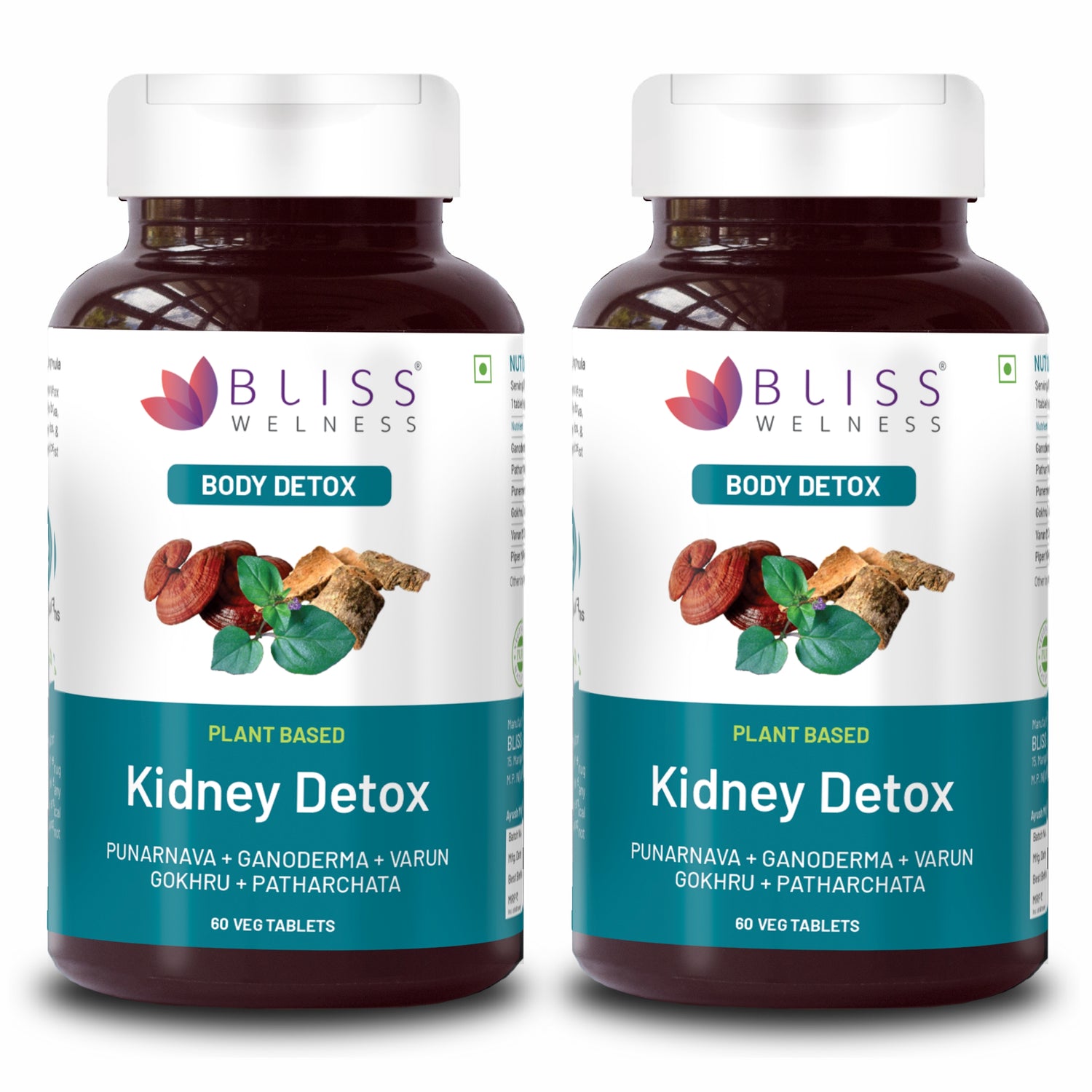 Bliss Welness Kidney Detox Cleanse Purifier | Gokhru Patharchata Ganoderma | Urinary Tract Infection (UTI) Kidney Stone Dissolution Herbal Supplement - 60 Vegetarian Tablets (Pack of 2)