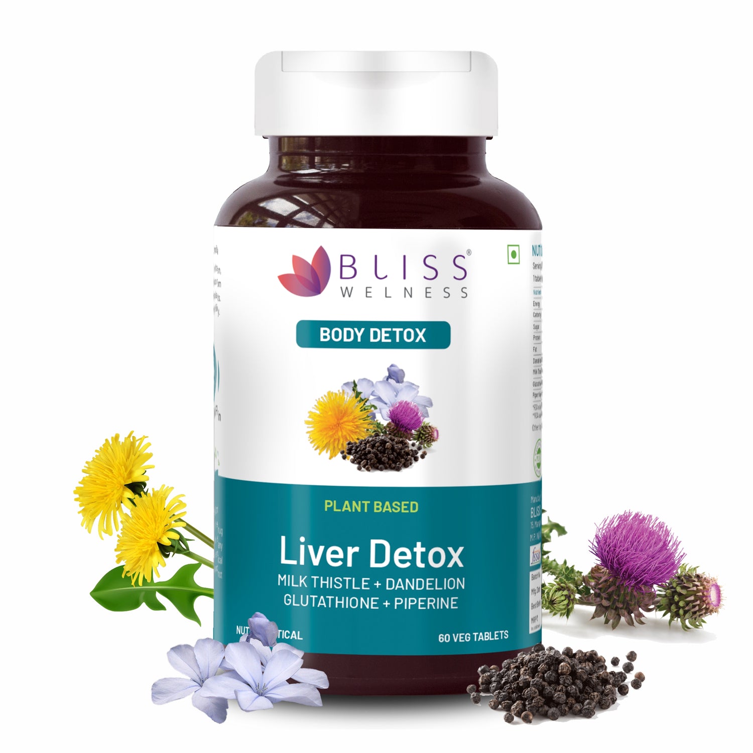 Bliss Welness Liver Detox Cleanse Purifier | Milk Thistle Silymarin Dandelion Glutathione | Fatty Liver Protection Liver Care Alcohol Detox Herbal Supplement - 60 Veg Tablets