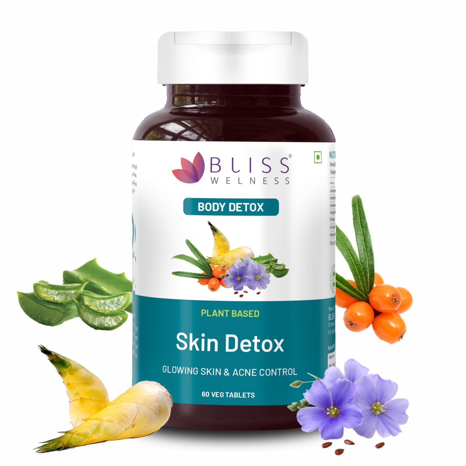 Bliss Welness Skin Detox Radiance Glow | Sea Buckthorn Evening Primrose Aloe Vera Curcumin | Anti Acne Pimple Control Blood Purification Toxins Removal Herbal Supplement - 60 Veg Tablets