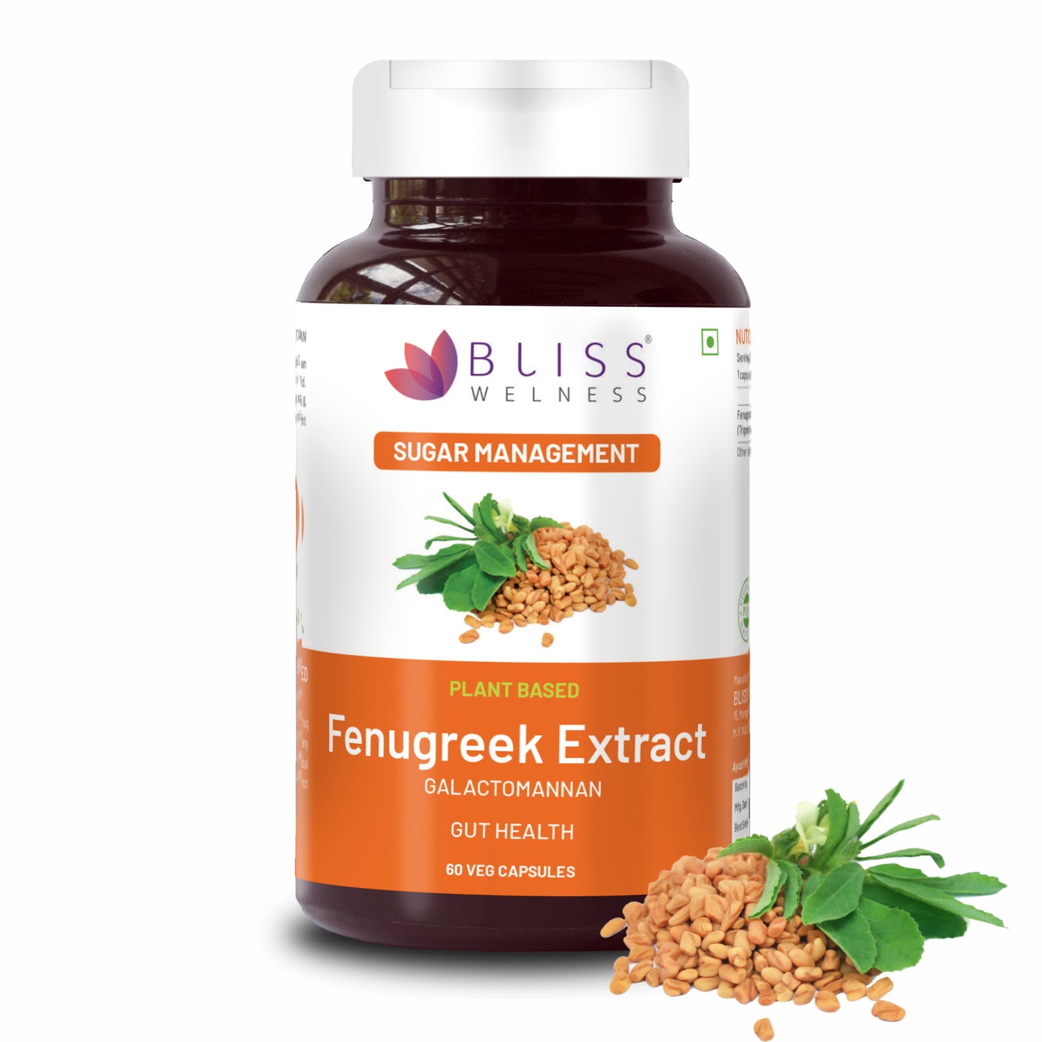 Bliss Welness Pure Sugar & Weight Management | Fenugreek Seed Extract 1000mg Galactomannan Fiber | Gut Metabolism Health Supplement - 60 Vegetarian Capsules