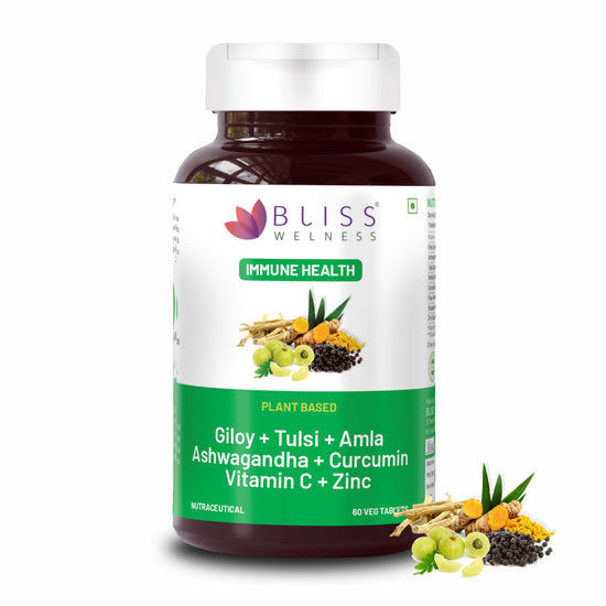 Bliss Welness Immune Bliss Absolute Ayurvedic Herbal Combo With Tulsi Amla & Turmeric Extract Curcumin Vegan Immunity Booster Supplement - 60 Vegetarian Tablets