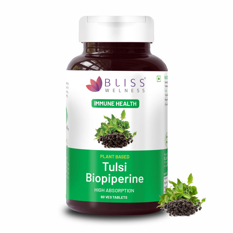 Bliss Welness Immunity Booster Respiratory Wellness | Pure Tulsi (Tulsi / Holy Basil) Extract 600mg with Piperine 10mg | Cough & Cold Care Supplement - 60 Veg Tablets