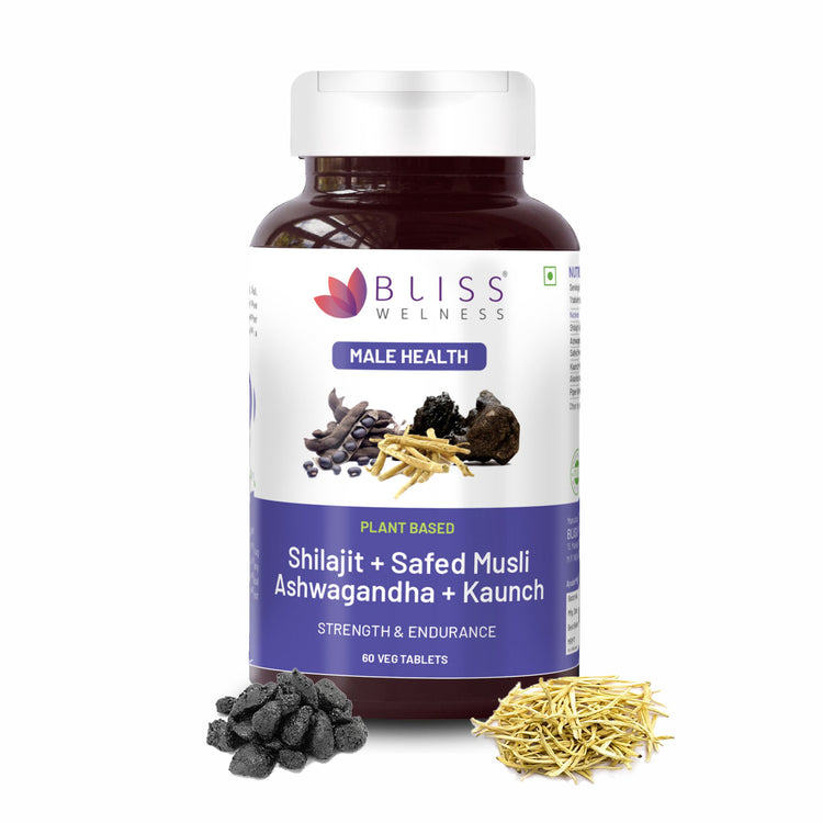Bliss Welness Stamina Energy Boost | Pure Shilajit Ashwagandha Kaunch Safed Musli Akharkhara Extract with BioPiperine | Improved Endurance Vitality Health Supplement - 60 Vegetarian Tablets