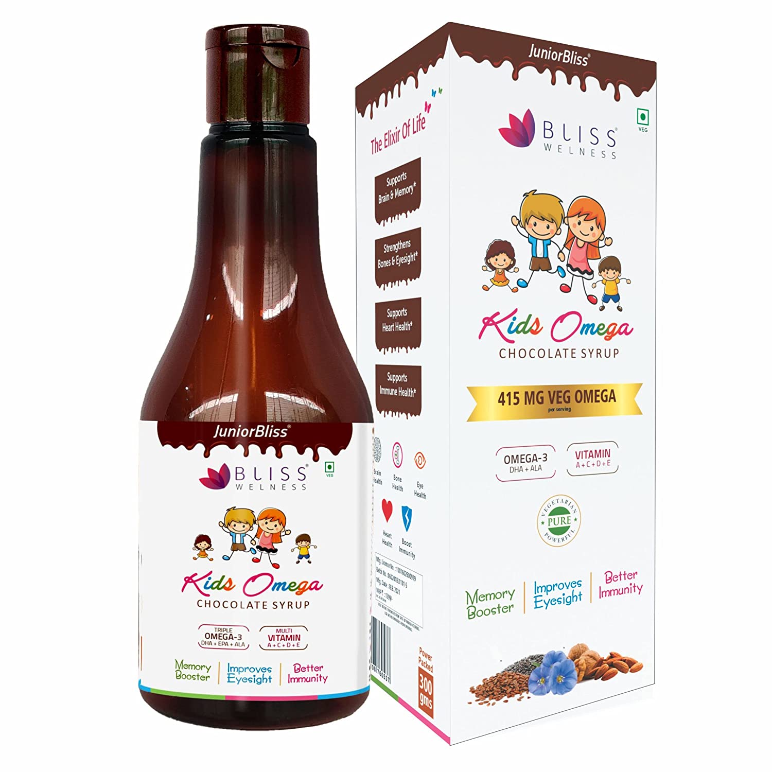 Bliss Welness Junior Bliss Kids Omega 3 6 9 with Omega 3 300MG (DHA 100mg EPA 30mg ALA 170mg) Vitamin A C D E Multivitamin Supplement- Chocolate Flavor Syrup
