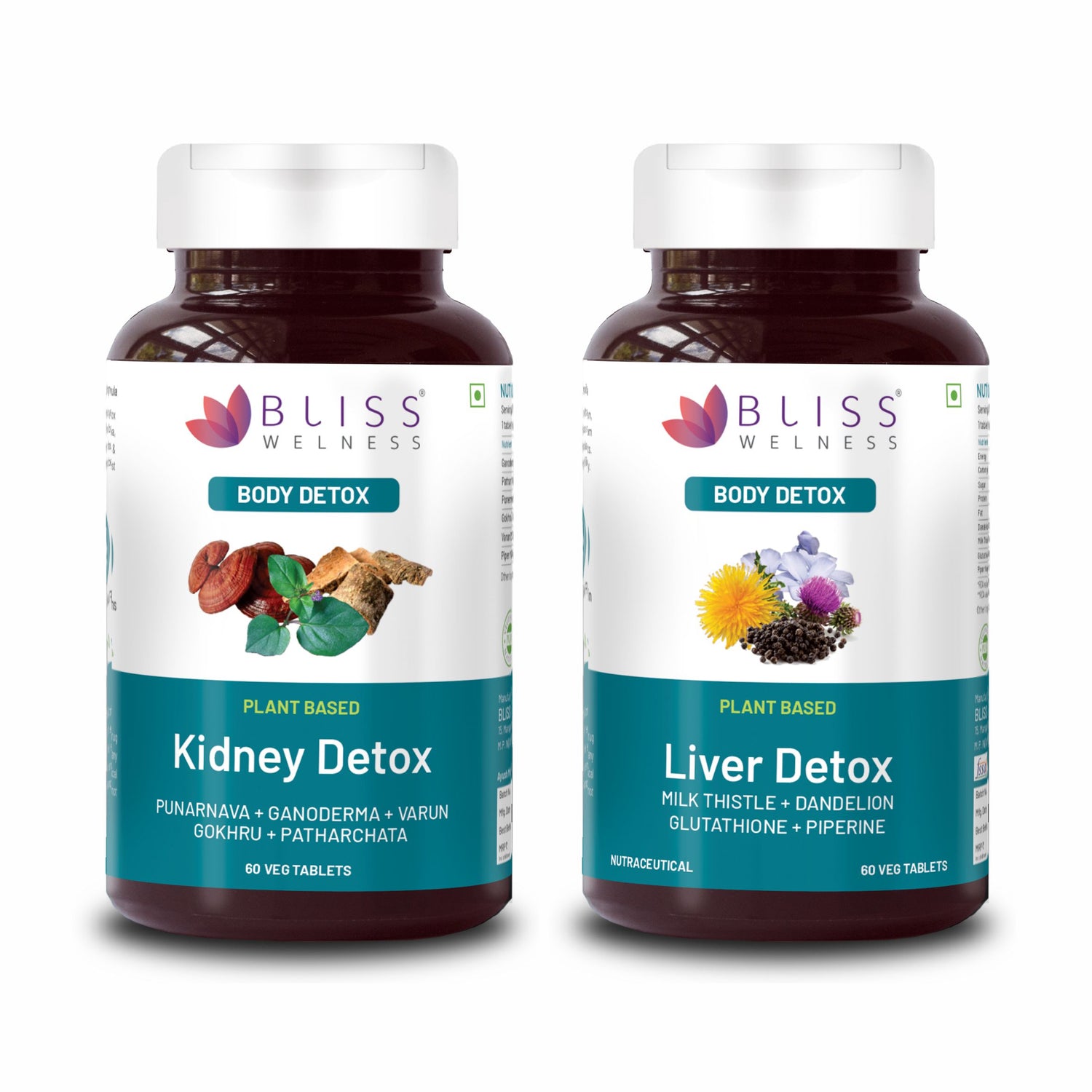 Bliss Welness Kidney Detox Cleanse Purifier | Gokhru Patharchata Ganoderma + Liver Detox Cleanse Purifier | Milk Thistle Silymarin Dandelion Glutathione - 60+60 Veg Tablets