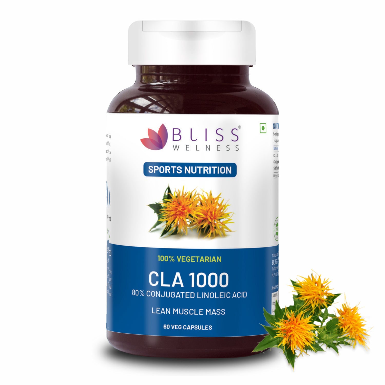 Bliss Welness CLA 1000 (Conjugated Lenoleic Acid) | Pure High Potency Stimulant Free | Fuel Metabolism Lean Muscle Build Sport Supplement - 60 Vegetarian Capsules