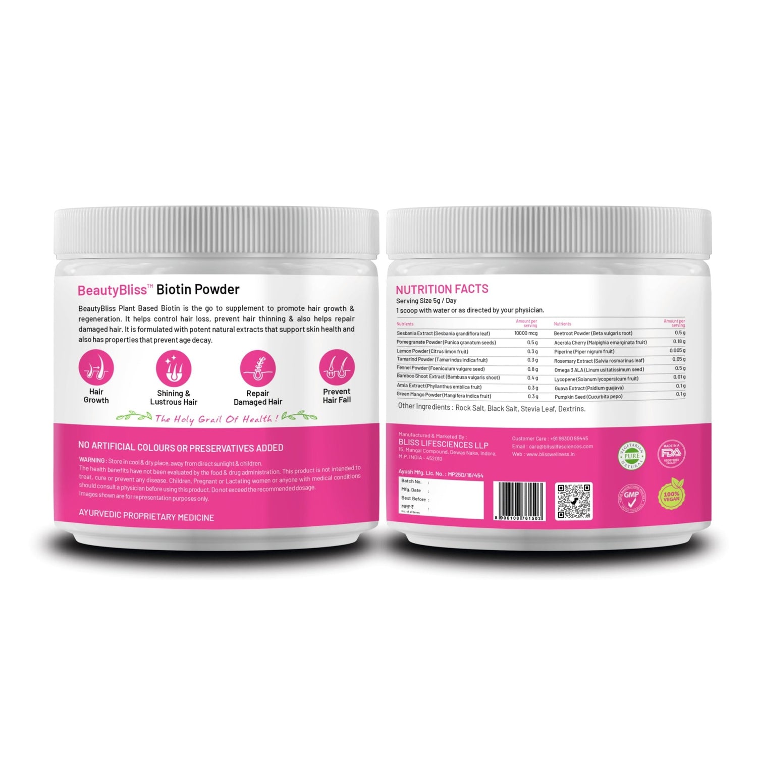 Bliss Welness Beautybliss Biotin Powder Sesbania Extract 10000 MCG | Pomegranate, Lemon, Tamarind, Beetroot | Antioxidant highly beneficial for hair fall, dull skin & brittle nails - 120gm Powder - Bliss Welness