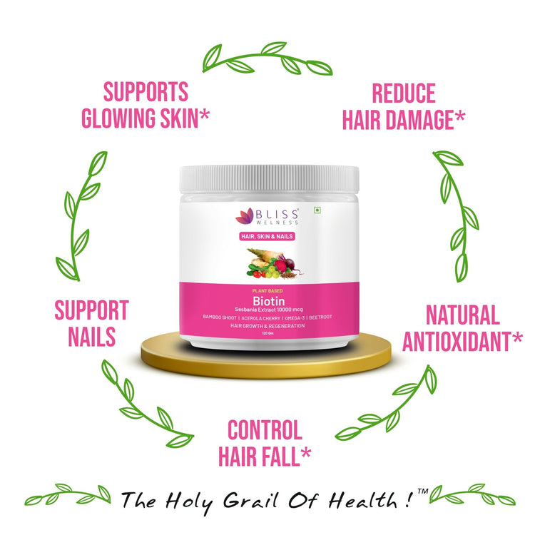 Bliss Welness Beautybliss Biotin Powder Sesbania Extract 10000 MCG | Pomegranate, Lemon, Tamarind, Beetroot | Antioxidant highly beneficial for hair fall, dull skin & brittle nails - 120gm Powder - Bliss Welness