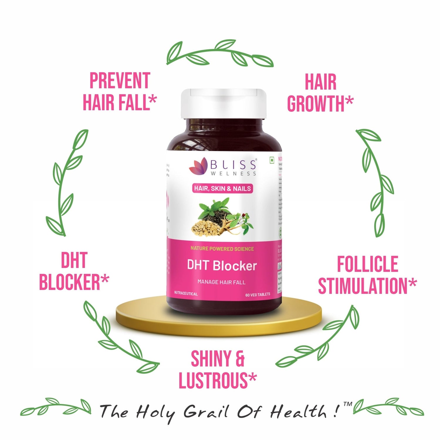 Bliss Welness BeautyBliss DHT Blocker | For Stronger Hair Growth, Shiny & Lustrous Hair | Vegetarian Supplement – 60 Veg Tablets - Bliss Welness