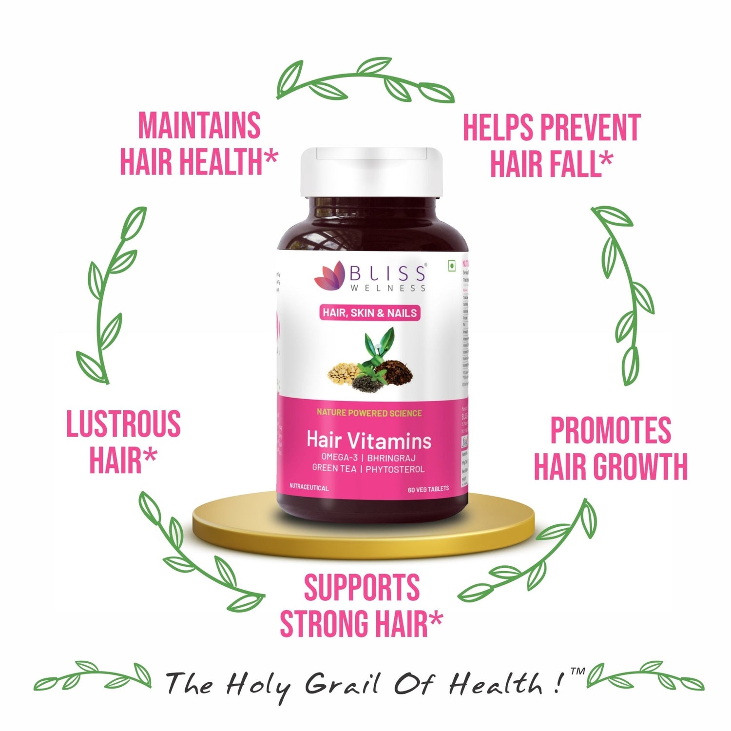 Bliss Welness BeautyBliss Hair Vitamins with Omega - 3 + Bhringraj + Green Tea + Phytosterols| For Stronger, Better & Fast Hair Growth - 60 Veg Tabs - Bliss Welness