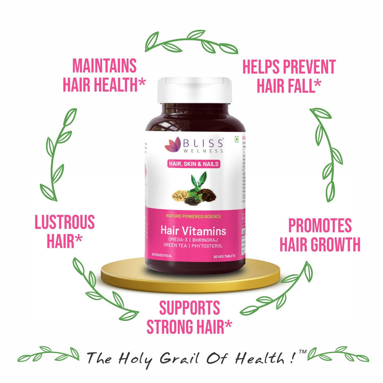 Bliss Welness BeautyBliss Hair Vitamins with Omega - 3 + Bhringraj + Green Tea + Phytosterols| For Stronger, Better & Fast Hair Growth - 60 Veg Tabs - Bliss Welness