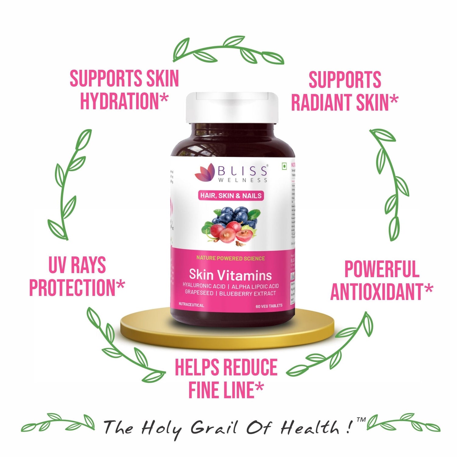 Bliss Welness BeautyBliss Skin Vitamins | Hyaluronic Acid + Alpha Lipoic Acid + Grapeseed + BlueBerry Extract | For Glowing, Radiant, Hydrated & Supple Skin | Vegetarian Supplement – 60 Veg Tablets - Bliss Welness