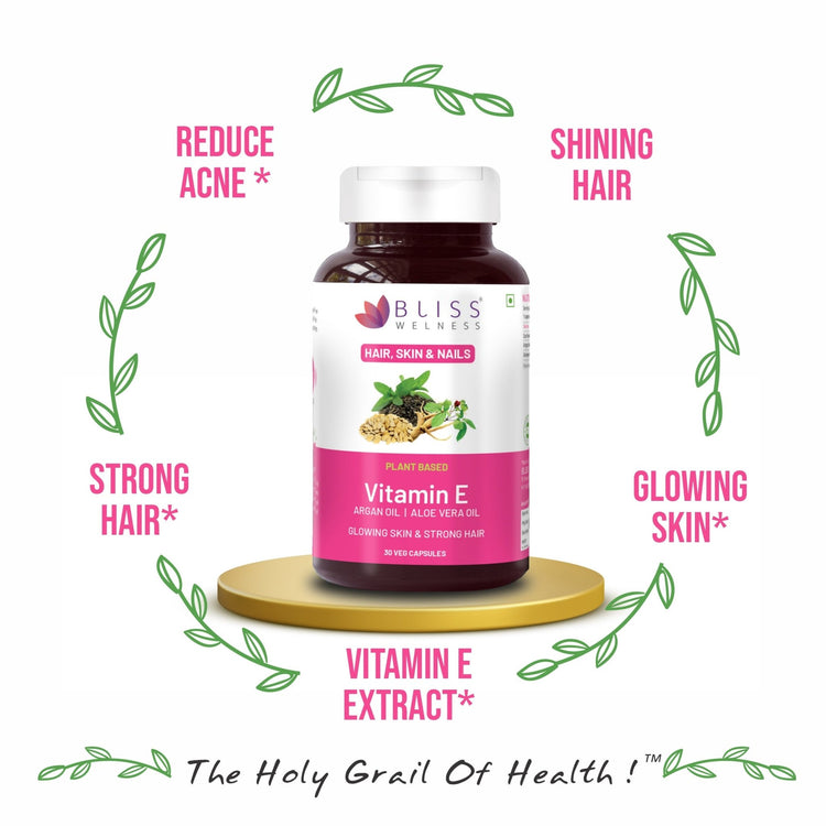 Bliss Welness BeautyBliss Vitamin E Capsules For Skin Glow Healthy Hair & Face Care | With Natural Sunflower Oil Argan Oil Aloe Vera Oil | Vegetarian Supplement - 30 Capsules - Bliss Welness