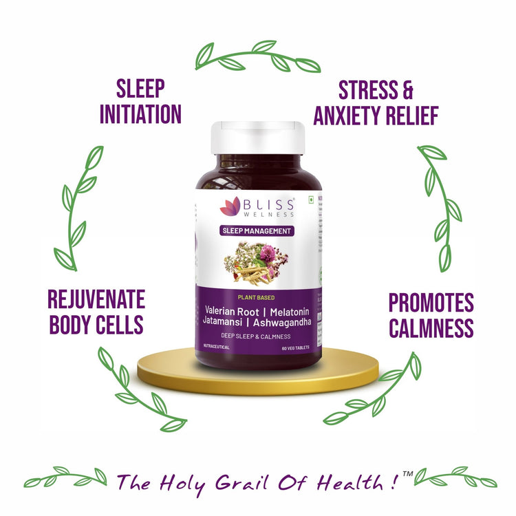 Bliss Welness CalmBliss Sleep Management Combo Of Jatamansi, Ashwagandha, Valerian Root & Melatonin For Good Sleeping Cycle - 60 Veg Tablets - Bliss Welness