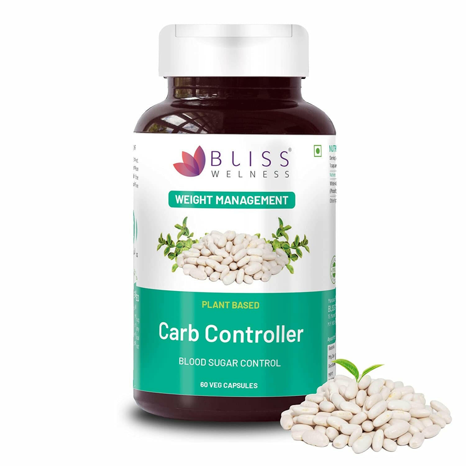 Bliss Welness CarbBliss Pure Blocker Inhibitor | Premium White Kidney Bean Extract | Carbohydrate Control Weight & Sugar Management Supplement - 60 Vegetarian Capsules - Bliss Welness