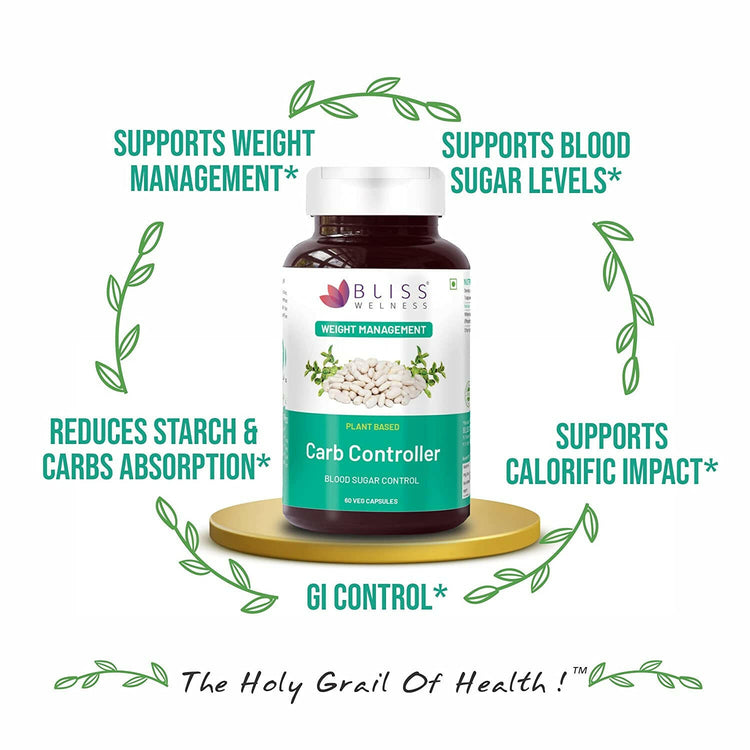 Bliss Welness CarbBliss Pure Blocker Inhibitor | Premium White Kidney Bean Extract | Carbohydrate Control Weight & Sugar Management Supplement - 60 Vegetarian Capsules - Bliss Welness