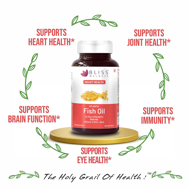 Bliss Welness CardioBliss Ultra Fish Oil Strength 2500 Mg | 900mg EPA 600mg DHA 200mg other Omega 3 6 9 Fatty Acid | Cold Pressed Molecular Distilled for Men Women | Heart Eye Brain Joint Health Muscle Build Health Supplement - 60 Softgel Capsules - Bliss Welness
