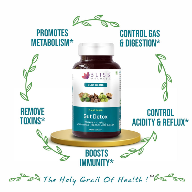 Bliss Welness DetoxBliss Gut Detox Tablet Health Cleanse Purify | Probiotics Trikatu Triphala Avipattikar | Stomach Health Digestion Metabolism Toxin Removal Acidity Gas Control Herbal Supplement - Bliss Welness