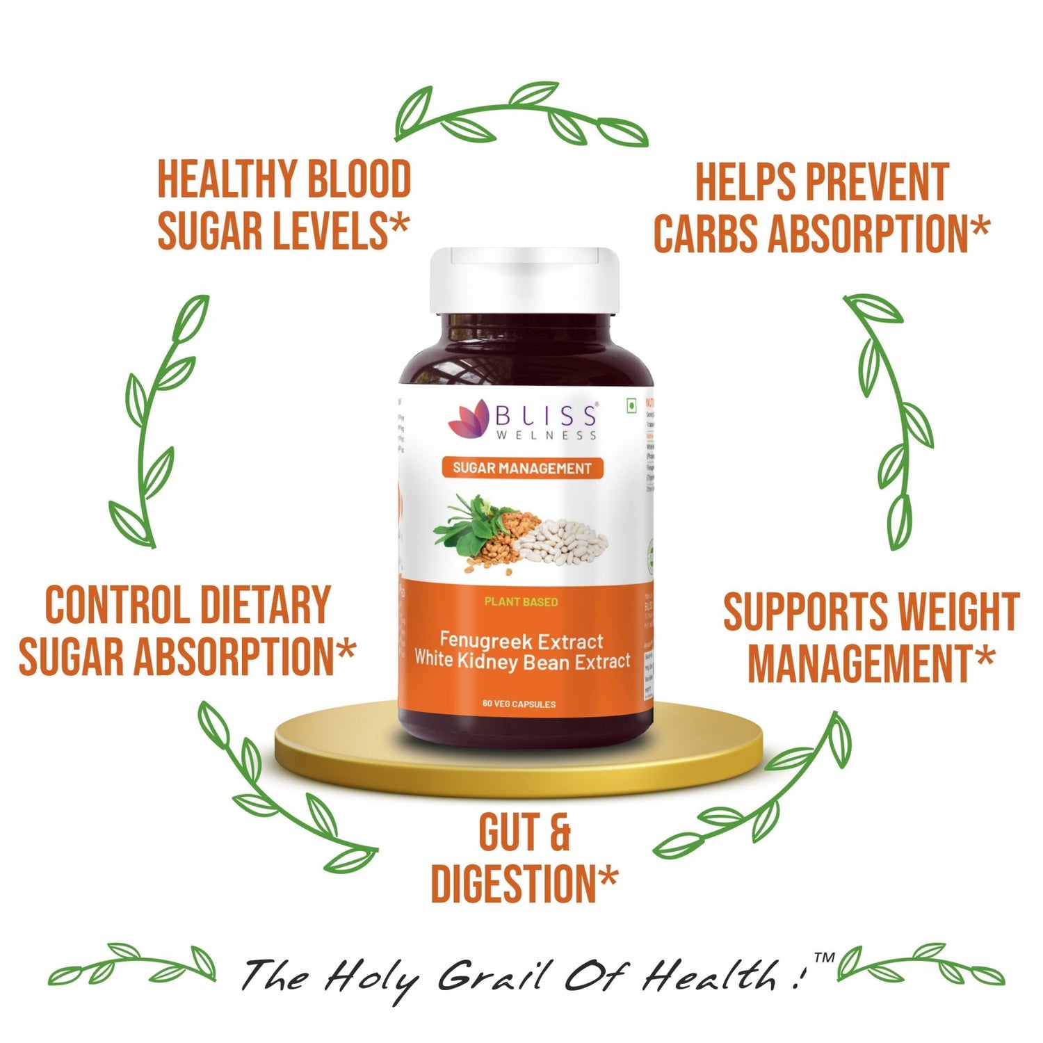 Bliss Welness GlucoBliss Plus Fenugreek & WKB Extract Blood Sugar & Weight Management | Pure Fenugreek Extract 3X Saponins + White Kidney Bean Extract Carb Blocker - 60 Veg Capsules - Bliss Welness