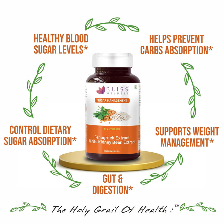 Bliss Welness GlucoBliss Plus Fenugreek & WKB Extract Blood Sugar & Weight Management | Pure Fenugreek Extract 3X Saponins + White Kidney Bean Extract Carb Blocker - 60 Veg Capsules - Bliss Welness