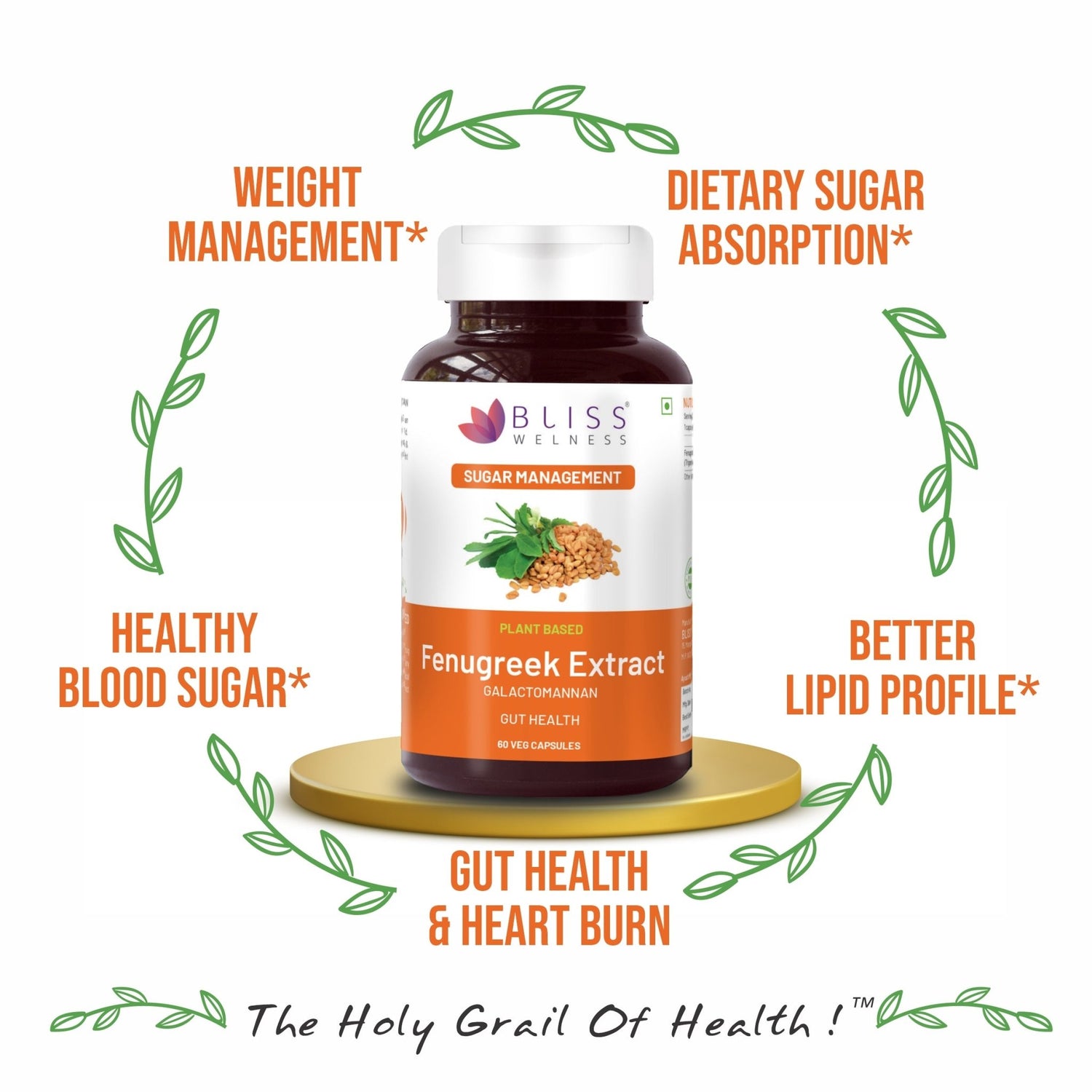 Bliss Welness GlucoBliss Pure Sugar & Weight Management | Fenugreek Seed Extract 1000mg Galactomannan Fiber | Gut Metabolism Health Supplement - 60 Vegetarian Capsules - Bliss Welness