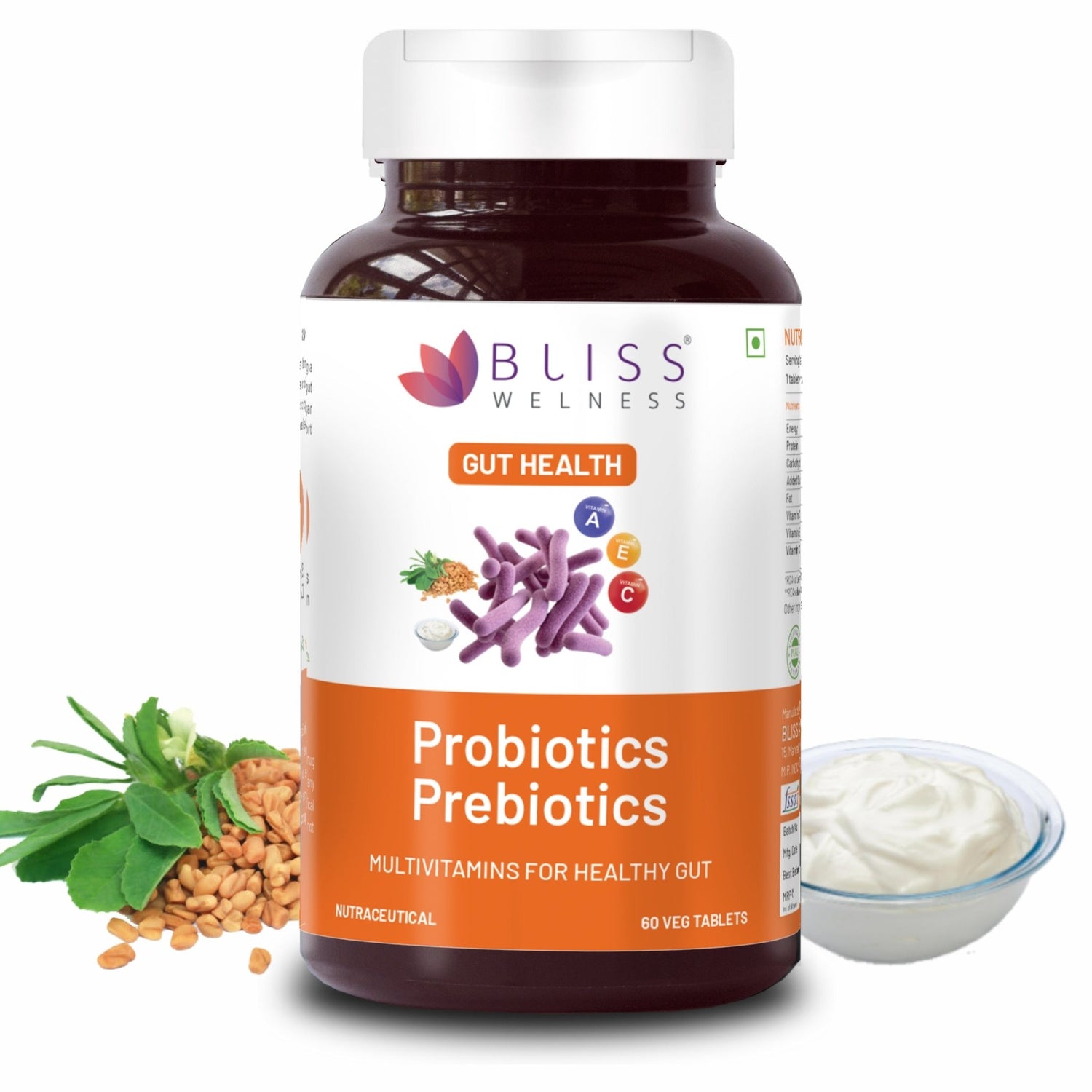 Bliss Welness GutBliss Gold Probiotics Multivitamin | Vitamin A C E Probiotics | Stomach Health Digestion Metabolism Toxin Removal Acidity Gas Control Herbal Supplement - 60 Veg Tablets Supplement - Bliss Welness