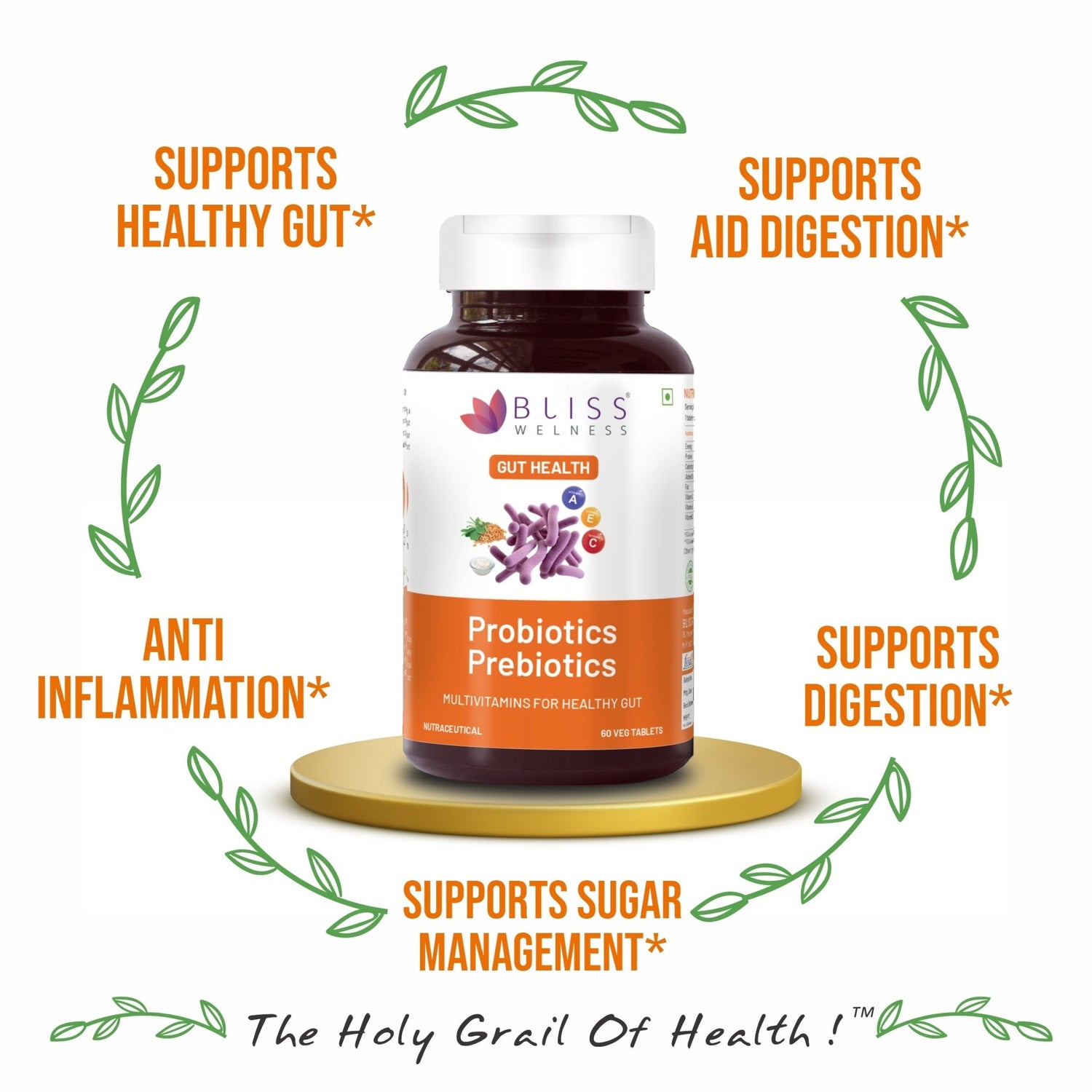 Bliss Welness GutBliss Gold Probiotics Multivitamin | Vitamin A C E Probiotics | Stomach Health Digestion Metabolism Toxin Removal Acidity Gas Control Herbal Supplement - 60 Veg Tablets Supplement - Bliss Welness