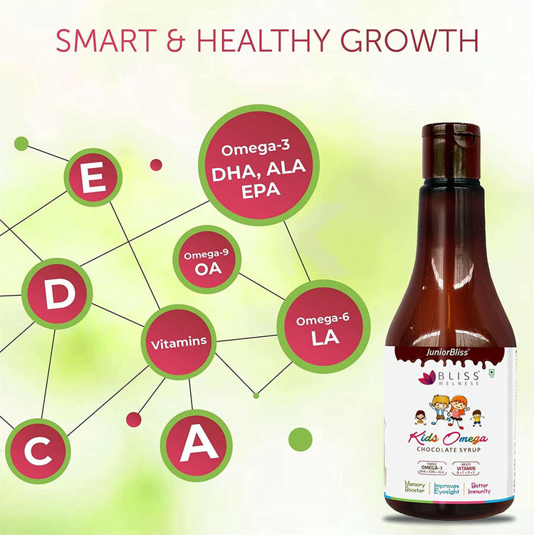 Bliss Welness JuniorBliss Gold Kids Omega 3 6 9 with Omega 3 300MG (DHA 100mg EPA 30mg ALA 170mg) Vitamin A C D E Multivitamin Supplement - Chocolate Flavor Syrup - Bliss Welness