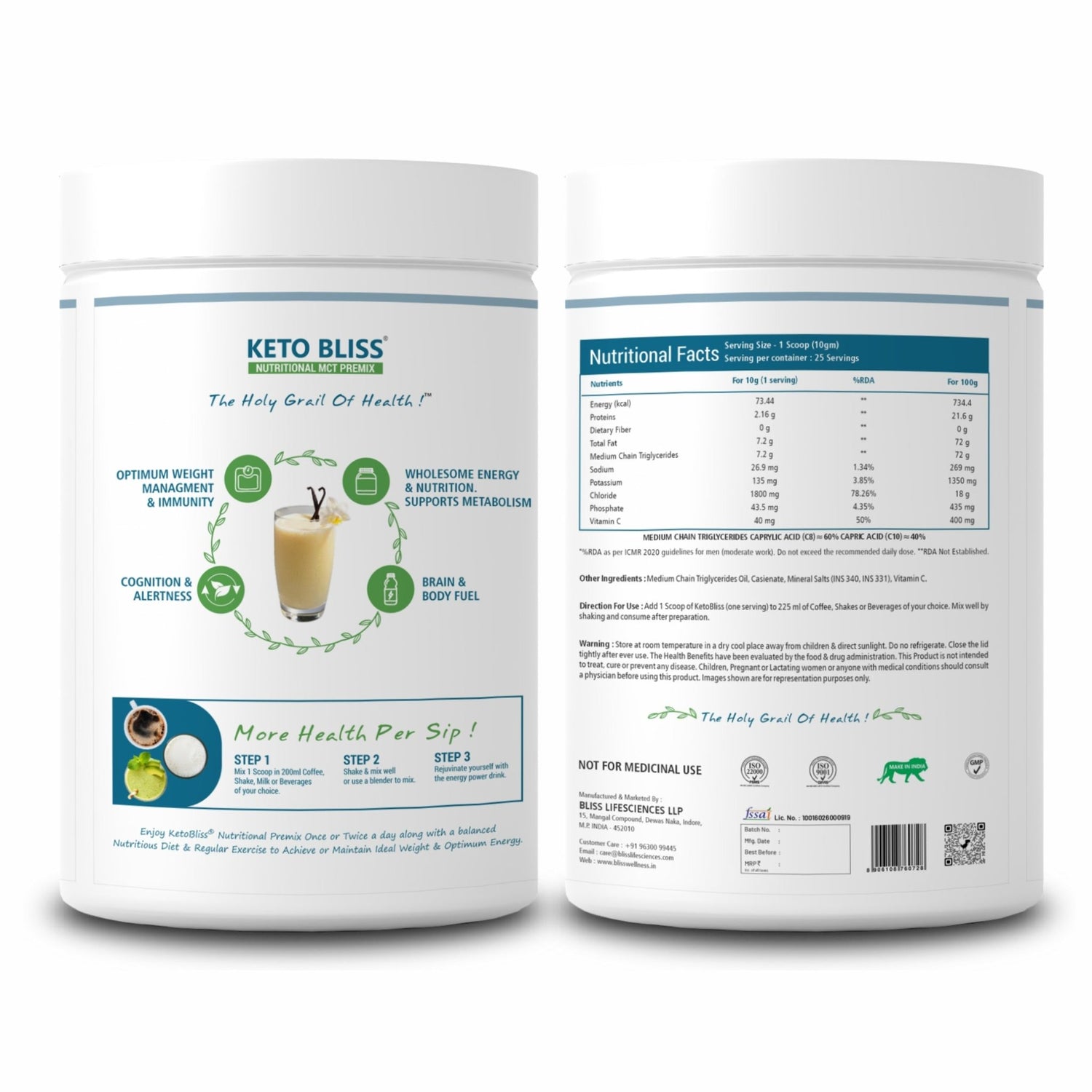 Bliss Welness KetoBliss MCT Oil Powder Premix | Medium Chain Triglycerides C8 C10 & Electrolytes | Zero Carb Instant Energy Ketosis Weight Management - Bliss Welness