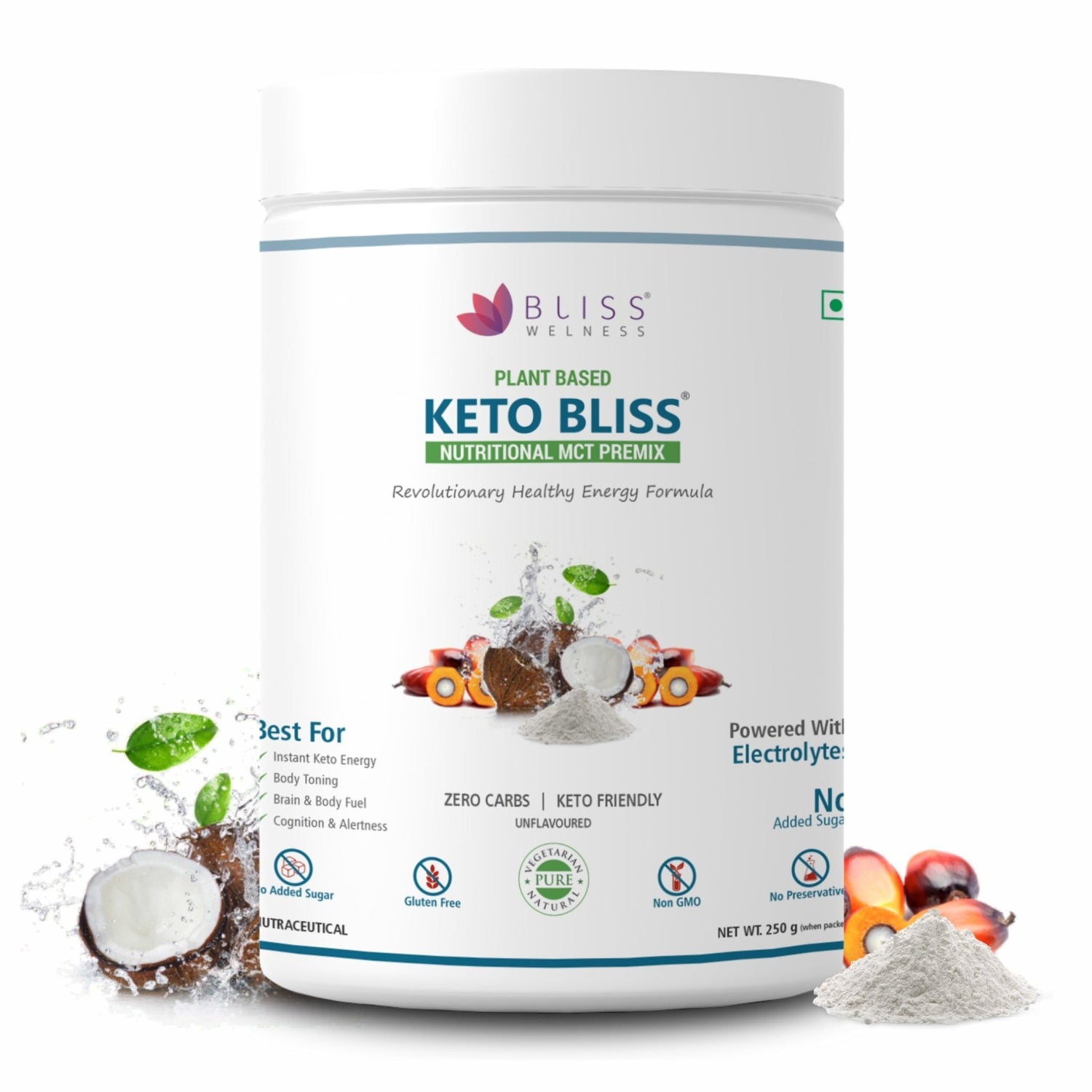 Bliss Welness KetoBliss MCT Oil Powder Premix | Medium Chain Triglycerides C8 C10 & Electrolytes | Zero Carb Instant Energy Ketosis Weight Management - Bliss Welness