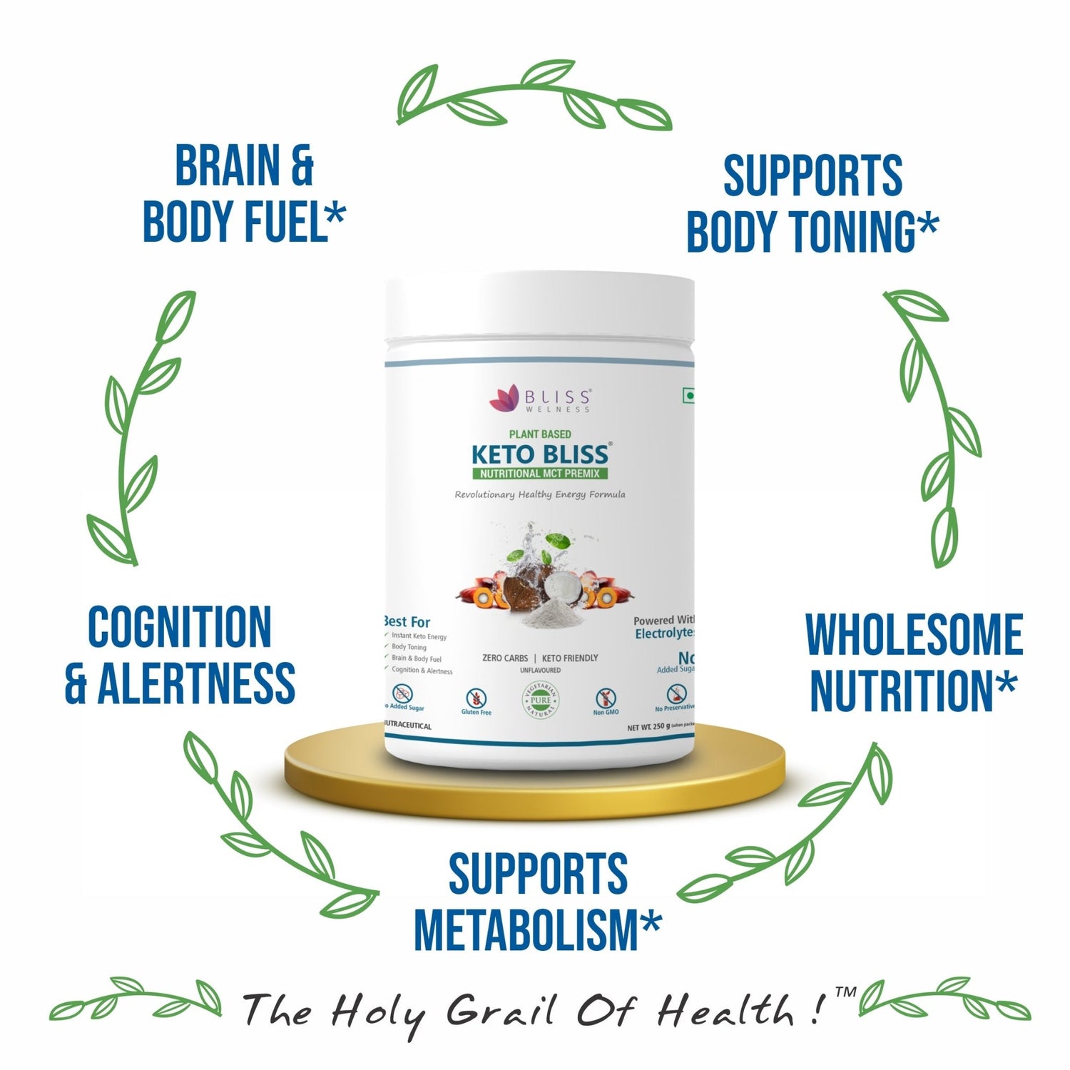 Bliss Welness KetoBliss MCT Oil Powder Premix | Medium Chain Triglycerides C8 C10 & Electrolytes | Zero Carb Instant Energy Ketosis Weight Management - Bliss Welness