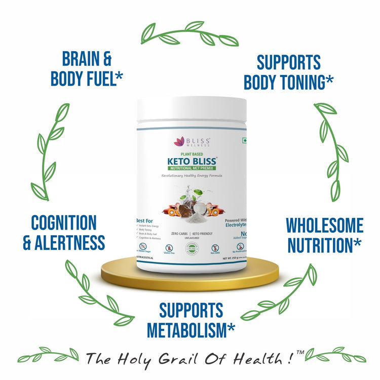 Bliss Welness KetoBliss MCT Oil Powder Premix | Medium Chain Triglycerides C8 C10 & Electrolytes | Zero Carb Instant Energy Ketosis Weight Management - Bliss Welness
