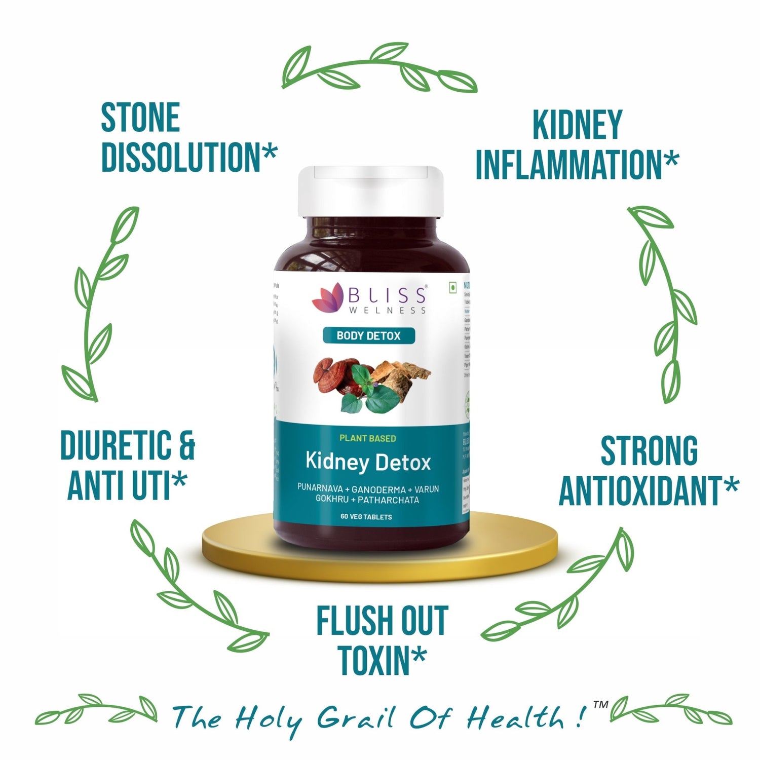 Bliss Welness Kidney DetoxBliss Cleanse Purifier | Gokhru Patharchata Ganoderma + Liver Detox Cleanse Purifier | Milk Thistle Silymarin Dandelion Glutathione - 60+60 Veg Tablets - Bliss Welness