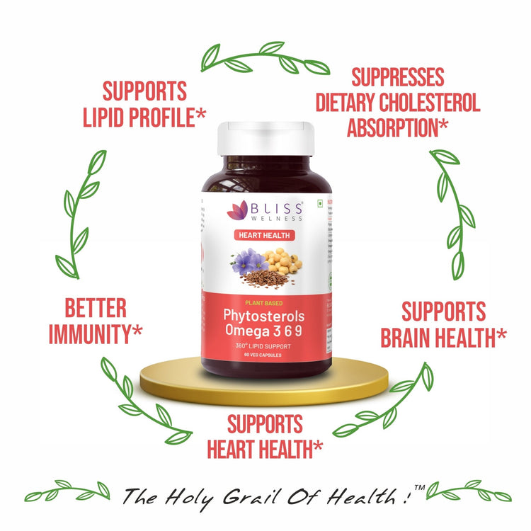 Bliss Welness LipidBliss Plus Cholesterol Management Heart Health | Omega 3 6 9 + Phytosterol Plant Sterols | Lipid Profile Immunity Support Supplement - 60 Vegetarian Capsules - Bliss Welness