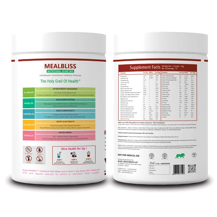 Bliss Welness Meal Bliss Nutritional Shake Mix | For Instant Energy + Heart, Brain & Health + Weight Management | Total Wellness Protein Rich Meal - 500 Grams (15 servings) - Bliss Welness