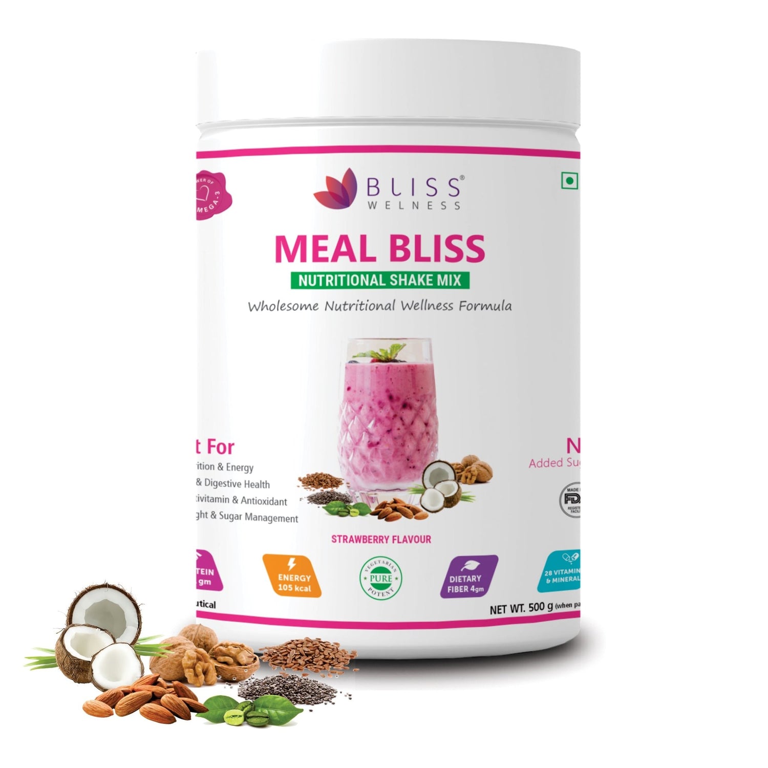 Bliss Welness Meal Bliss Nutritional Shake Mix | For Instant Energy + Heart, Brain & Health + Weight Management | Total Wellness Protein Rich Meal - 500 Grams (15 servings) - Bliss Welness